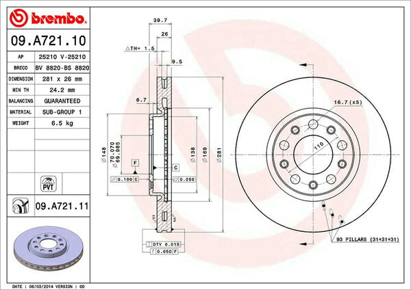 brembo BRAKE DISC FIAT 500X 33414 2015/10〜2019/05 フロント左右セット 09.A721.11