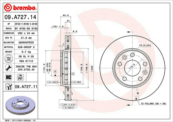brembo BRAKE DISC RENAULT メガーヌIII ZM4R 2011/05〜 フロント左右セット 09.A727.11