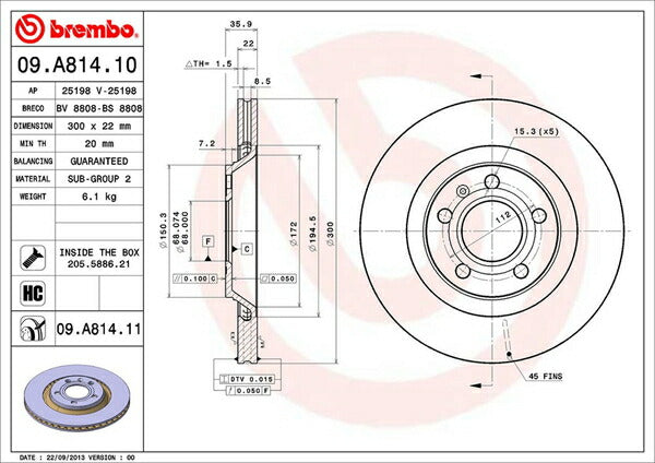 brembo BRAKE DISC AUDI S4 8EBBKF 2003〜2008 リア左右セット 09.A814.11