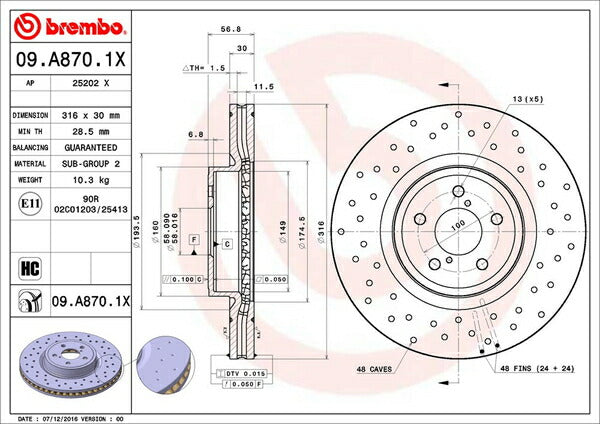 brembo XTRA BRAKE DISC スバル レガシィセダン/レガシィB4 BLE 2003/09〜2009/05 フロント左右セット 09.A870.1X