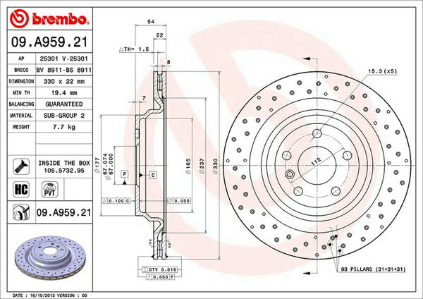 brembo BRAKE DISC MERCEDES BENZ Mクラス/GLE W166 166024 2012/06〜2015/10 リア左右セット 09.A959.21