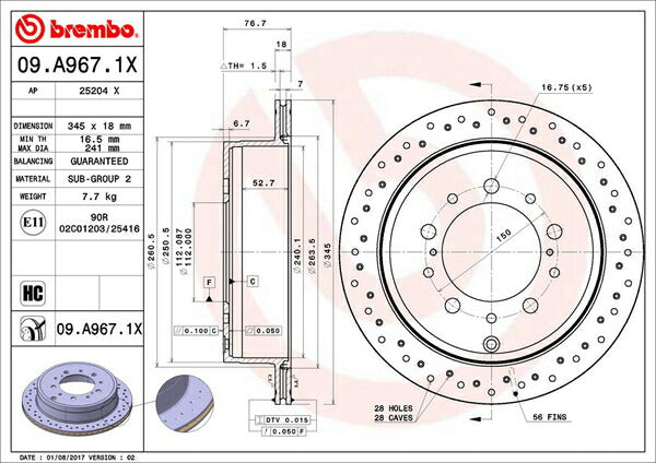 brembo XTRA BRAKE DISC レクサス LX570 URJ201W 2015/09〜 リア左右セット 09.A967.1X