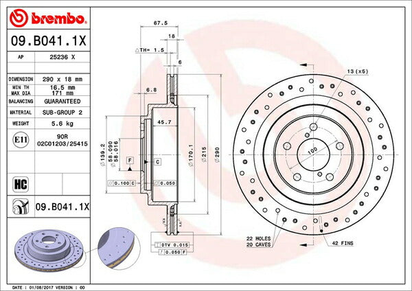 brembo XTRA BRAKE DISC スバル レガシィB4 BE5 1998/12〜2003/06 リア左右セット 09.B041.1X