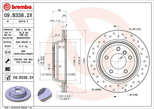 brembo XTRA BRAKE DISC BMW X1 E84 VM20 2010/04〜2015/10 リア左右セット 09.B338.2X