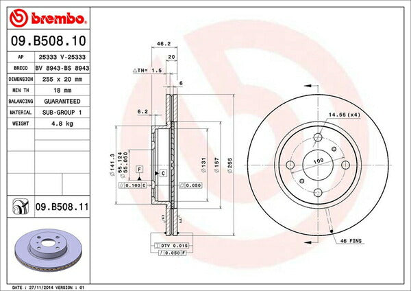 brembo BRAKE DISC トヨタ ヴィッツ KSP130/NSP130 2010/12〜2012/05 フロント左右セット 09.B508.11
