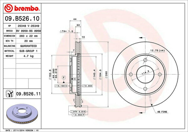 brembo BRAKE DISC ニッサン ティーダ JC11 2008/01〜 フロント左右セット 09.B526.11