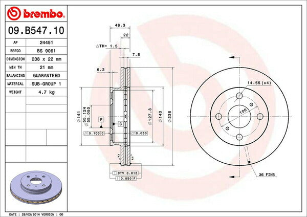 brembo BRAKE DISC トヨタ カローラ/スプリンターセダン AE100/CE100 1991/06〜1995/05 フロント左右セット 09.B547.10