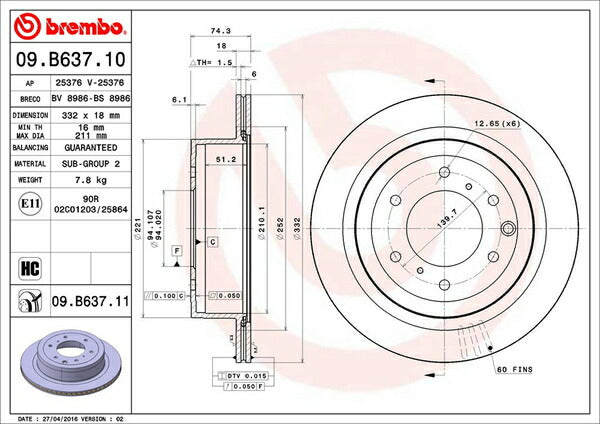 brembo BRAKE DISC ミツビシ パジェロ V97W/V98W 2006/08〜 リア左右セット 09.B637.11