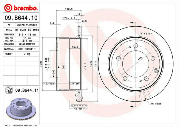 brembo BRAKE DISC トヨタ ランドクルーザー/ランドクルーザーシグナス GRJ76K/GRJ79K 2014/08〜2015/07 リア左右セット 09.B644.11