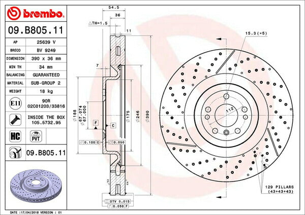brembo BRAKE DISC MERCEDES BENZ Mクラス/GLE W166 166074 2012/06〜2015/10 フロント左右セット 09.B805.11