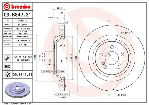 brembo BRAKE DISC MERCEDES BENZ SL R230 230476/230477 2001/10〜2012/03 リア左右セット 09.B842.31