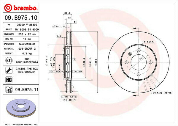 brembo BRAKE DISC VOLKSWAGEN アップ! AACHY 2012/10〜 フロント左右セット 09.B975.11