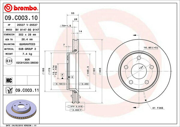 brembo BRAKE DISC JEEP ラングラー JK38S/JK38L/JK36S/JK36L 2007/03〜 フロント左右セット 09.C003.11