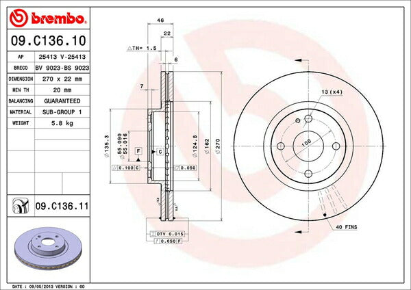 brembo BRAKE DISC マツダ ロードスター/ユーノスロードスター NB8C 2000/06〜2005/06 フロント左右セット 09.C136.11
