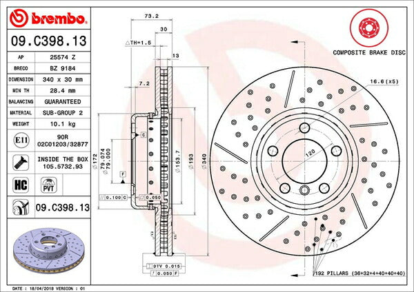 brembo BRAKE DISC BMW 3シリーズ F30(セダン) 3A20/8A20 2012/01〜 フロント左右セット 09.C398.13