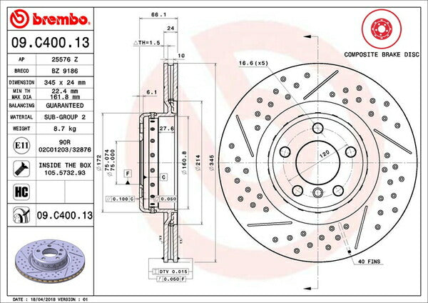 brembo BRAKE DISC BMW 3シリーズ F30(セダン) 8E15 2016/10〜2019/01 リア左右セット 09.C400.13