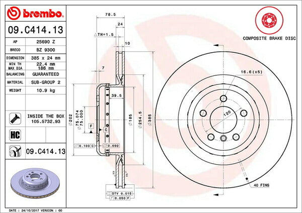 brembo BRAKE DISC BMW X6 E71 GZ44 2010/05〜2014/08 リア左右セット 09.C414.13