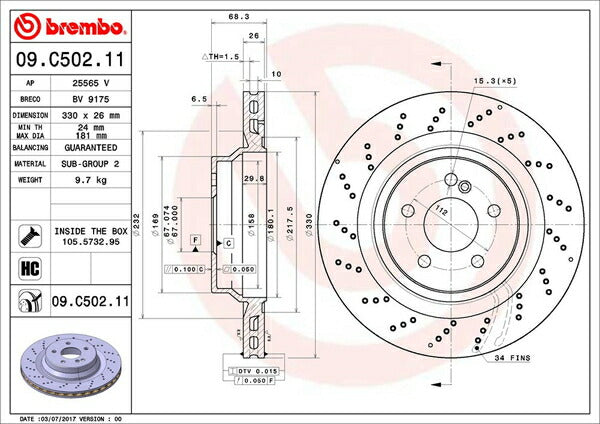 brembo BRAKE DISC MERCEDES BENZ CLSクラス W219 219376 2005/02〜2006/08 リア左右セット 09.C502.11