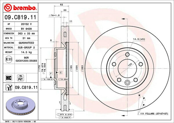 brembo BRAKE DISC LAND ROVER レンジローバー スポーツ LW3SA 2018/06〜 フロント左右セット 09.C819.11