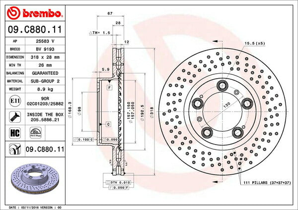 brembo BRAKE DISC PORSCHE ケイマン 987MA121 2009/07〜2012/12 フロント左右セット 09.C880.11