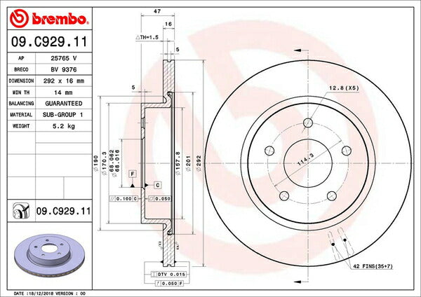 brembo BRAKE DISC ニッサン リーフ ZE1 2017/10〜 リア左右セット 09.C929.11