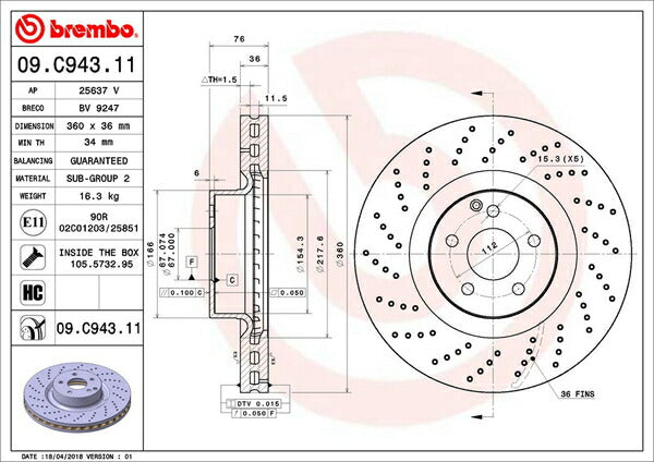 brembo BRAKE DISC MERCEDES BENZ Sクラス W220 220074/220174 2002/11〜2006/04 フロント左右セット 09.C943.11