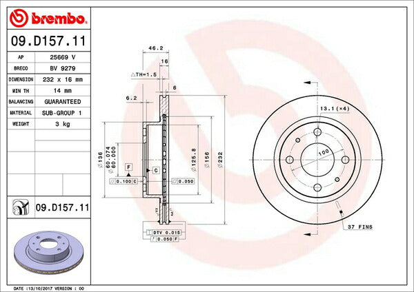 brembo BRAKE DISC スバル プレオ RA1/RA2 1998/10〜2010/04 フロント左右セット 09.D157.11