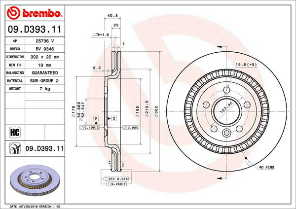 brembo BRAKE DISC VOLVO V60 FB6304T 2011/06〜 リア左右セット 09.D393.11