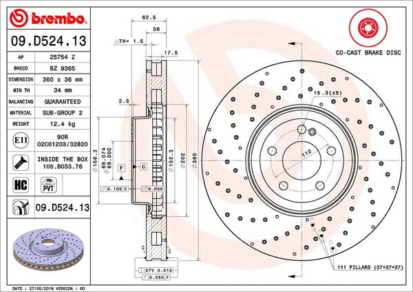 brembo BRAKE DISC MERCEDES BENZ GLC X253 253946C 2016/02〜2019/10 フロント左右セット 09.D524.13