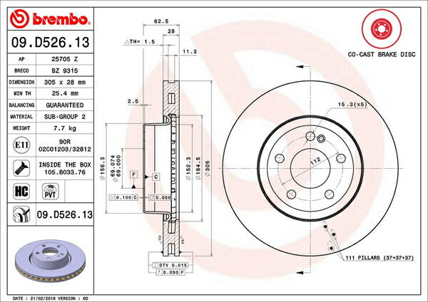 brembo BRAKE DISC MERCEDES BENZ Cクラス W205(セダン) 205042C 2014/07〜2018/07 フロント左右セット 09.D526.13