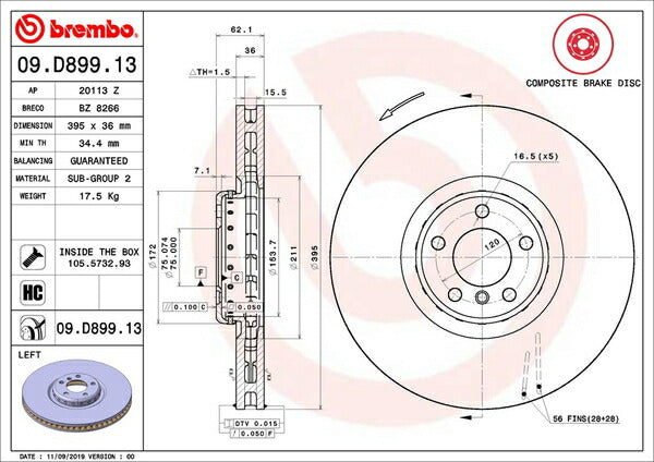 brembo BRAKE DISC BMW X6 E71 GZ44 2010/05〜2014/08 フロント左右セット 09.D899.13