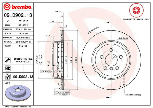 brembo BRAKE DISC BMW G30 JC20 2017/02〜 リア左右セット 09.D902.13