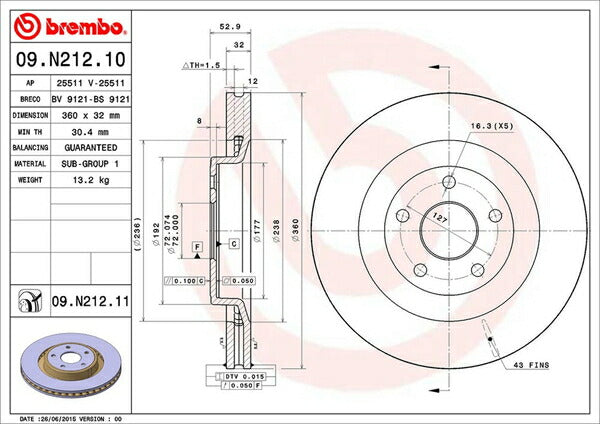 brembo BRAKE DISC JEEP グランドチェロキー WH61 2006/09〜2011 フロント左右セット 09.N212.11