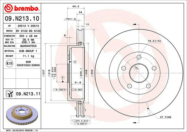 brembo BRAKE DISC JEEP グランドチェロキー WH61 2006/09〜2011 リア左右セット 09.N213.11