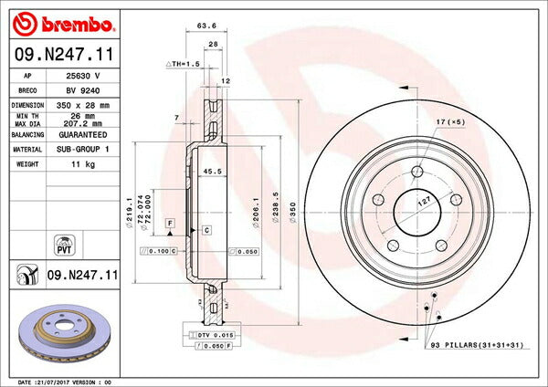 brembo BRAKE DISC JEEP グランドチェロキー WK57A/WK64 2011/03〜 リア左右セット 09.N247.11