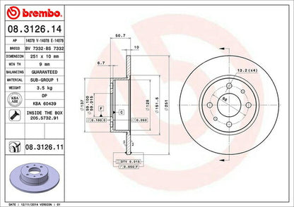 brembo BRAKE DISC FIAT ムルティプラ 186B6 2003〜 リア左右セット 08.3126.11