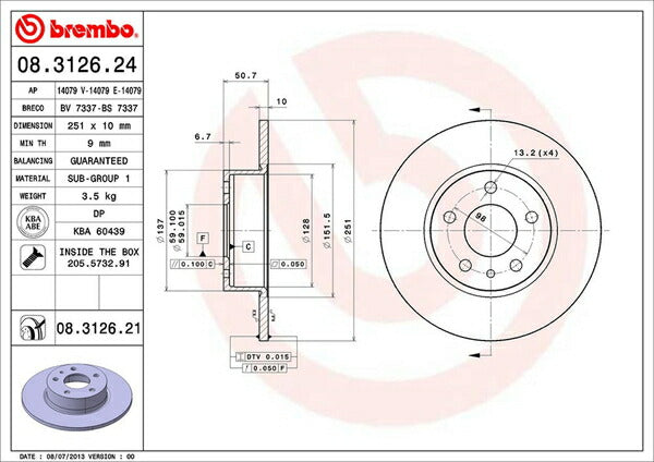 brembo BRAKE DISC ALFA ROMEO 156 932AC 1998〜2001/12 リア左右セット 08.3126.21