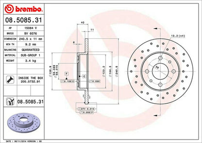 brembo BRAKE DISC ABARTH 595 312141/312142/31214T 2016/02〜 リア左右セット 08.5085.31