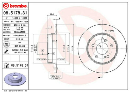 brembo BRAKE DISC CHRYSLER クロスファイア ZH32/ZH32C 2003/12〜2008 リア左右セット 08.5178.31