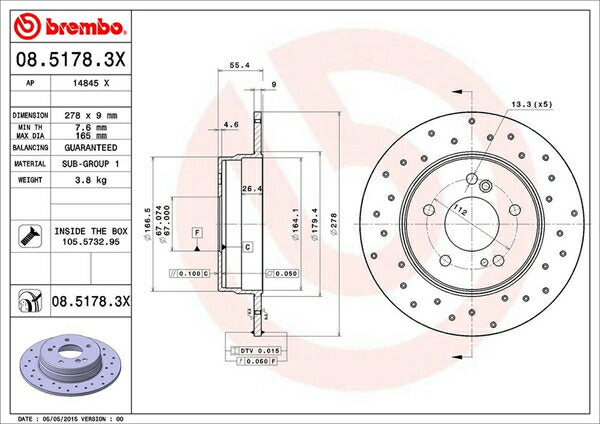brembo XTRA BRAKE DISC MERCEDES BENZ SLK R171 171445 2008/05〜2011/05 リア左右セット 08.5178.3X