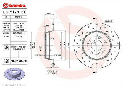 brembo XTRA BRAKE DISC MERCEDES BENZ Cクラス W203(セダン) 203045 2000/09〜2002/09 リア左右セット 08.5178.3X