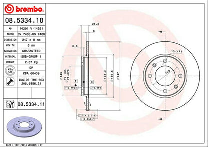 brembo BRAKE DISC PEUGEOT 306 N3XT/N3SI/N3C 1993〜1997 リア左右セット 08.5334.11