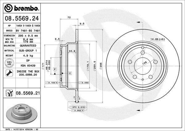 brembo BRAKE DISC VOLVO S70 8B5254 1997〜2000 リア左右セット 08.5569.21