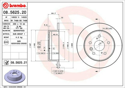 brembo BRAKE DISC トヨタ ビスタ CV30 1990/07〜1994/06 リア左右セット 08.5625.20