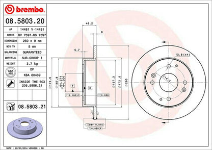 brembo BRAKE DISC ホンダ トルネオ CL3 2000/06〜2002/10 リア左右セット 08.5803.20