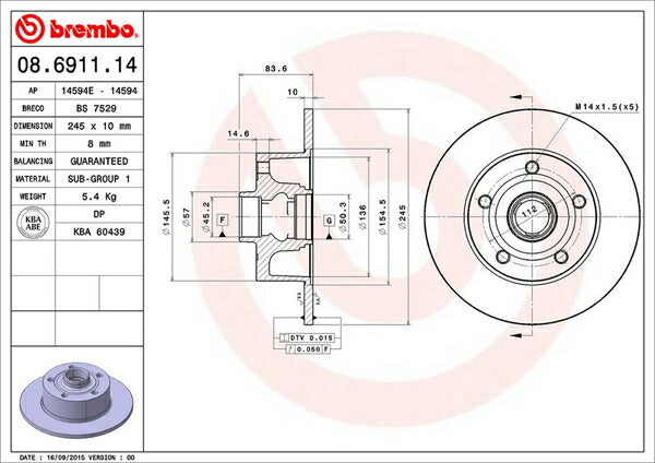 brembo BRAKE DISC AUDI A4(B5) 8DABC 1994〜2001/06 リア左右セット 08.6911.14