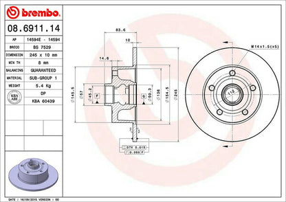 brembo BRAKE DISC AUDI A4(B5) 8DABC 1994〜2001/06 リア左右セット 08.6911.14