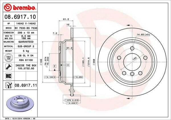 brembo BRAKE DISC BMW 5シリーズ E39(セダン) DD25/DM25 1996/07〜2000/10 リア左右セット 08.6917.10