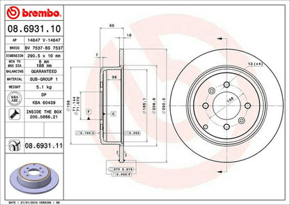 brembo BRAKE DISC PEUGEOT 406 D8V/D9V/D8BRV/D9BRV 2002/07〜2005/05 リア左右セット 08.6931.11
