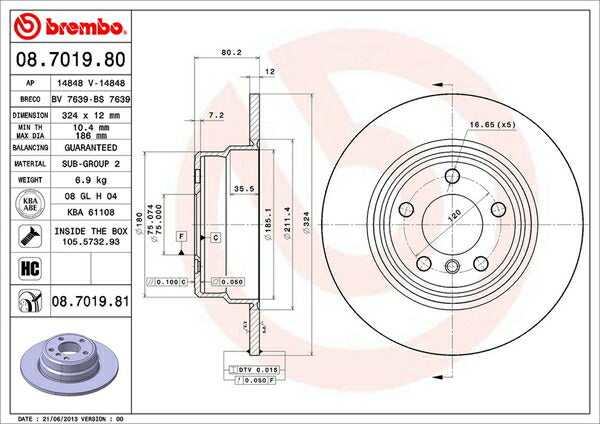 brembo BRAKE DISC BMW X5 E53 FB44 2000/12〜2003/10 リア左右セット 08.7019.80